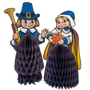 Vintage Beistle Thanksgiving Pilgrim Boy Girl‎ Decorations Honeycomb 1984